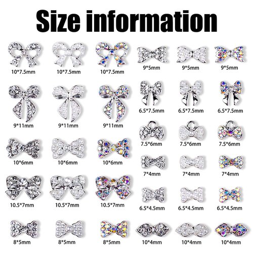 XEAOHESY 33 Pieces Silver Alloy Nail Bow Charms for Nails Bow Nail Charms Gems Bowknot Nail Studs Inlaid Pearl Clear Iridescent Rhinestone for Women Girls Nail Art Decorations