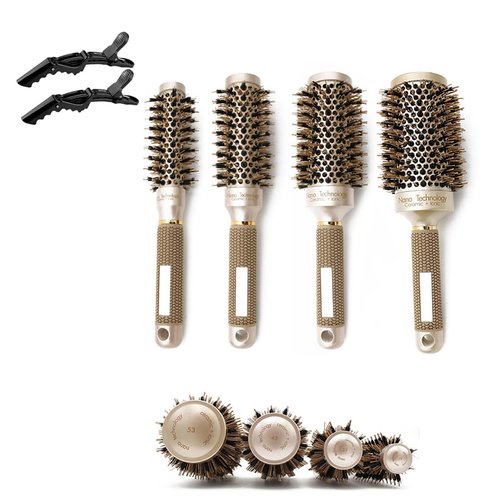 Professional Hair Styling Brush Set for Women, Thermal Aluminium Barrel Curling Brush with Boar Bristles for Blow Drying and Curling (Gold Comb)