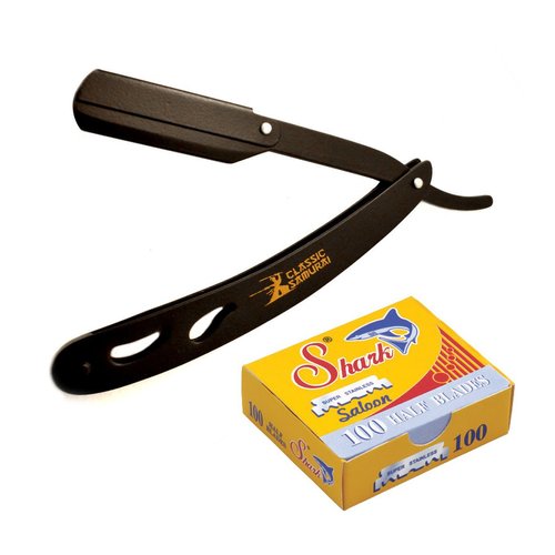 Classic Samurai CS-102MB Stainless Steel Matte Black Finish Professional Barber Straight Edge Shavette Cut Throat Razor with 100 Shark Razor Blades