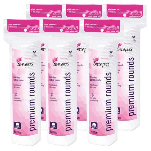 Swisspers Premium Cotton Rounds, Hypoallergenic, 80 Count, Pack of 6 (480 Rounds Total)