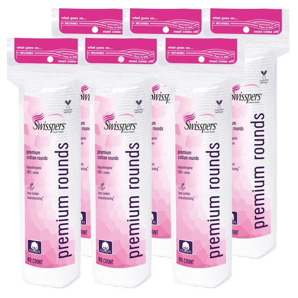 Swisspers Premium Cotton Rounds, Hypoallergenic, 80 Count, Pack of 6 (480 Rounds Total)