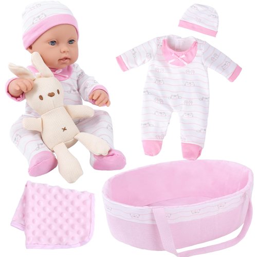 VAWMJOT 12 Inch Baby Doll Playset with Washable Doll Accessories Includes Carrier Bassinet Bed,Includes Clothes,Blanket,Suits of Bunny,First Baby Dolls for Toddlers 36 Months and Up