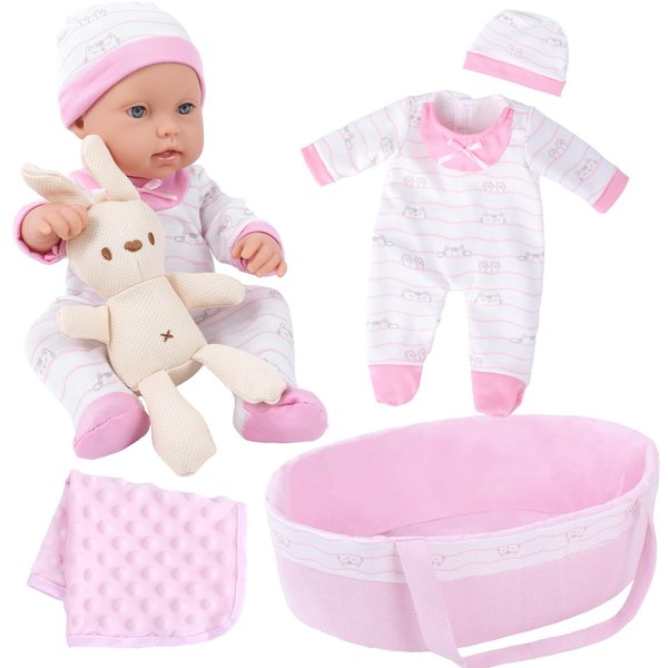 VAWMJOT 12 Inch Baby Doll Playset with Washable Doll Accessories Includes Carrier Bassinet Bed,Includes Clothes,Blanket,Suits of Bunny,First Baby Dolls for Toddlers 36 Months and Up