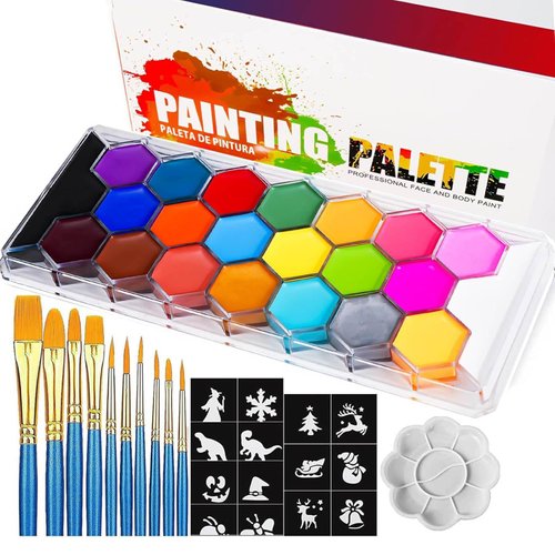 AOLIKOKO 22 Colors Face & Body Paint Palette Kit，Halloween Makeup Kit, face painting kit professional，with 10 Brushes+30 pcs Stickers，Ideal for Halloween Cosplay Party SFX Arty Stage Makeup(22-Colors)