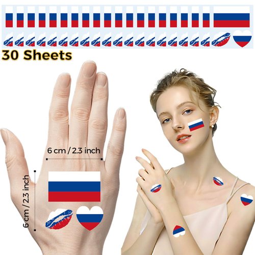 Russia Flag Tattoos, 30 Sheets Russia Flag Temporary Face Tattoos Stickers, 90 Pcs Waterproof Sweat National Flag Removable Fake Tattoos