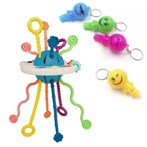 Baby Montessori Toys for 18M+, Infant Toddler Food Grade Silicone Sensory Pull String Activity Baby Teether Teething Travel Car Seat Stroller Birthday Fine Motor Toy + 4PCS LED Smile Face Whistle Toy