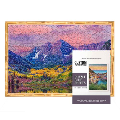 19.75x27.5 Puzzle Frame Kit with Glue Sheets | Gold Bamboo Picture Frame | Real Wood with UV Resistant Acrylic Front | Made to Preserve and Display Puzzles Measuring 19.75x27.5 Inches