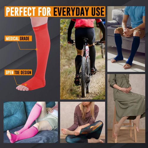 Doc Miller Open Toe Compression Socks for Men and Women, 15-20 mmHg, Calf Recovery, Medical Grade, Red Socks, Small