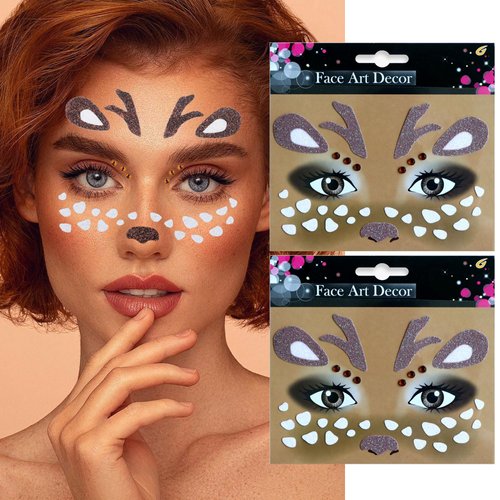 HIFANMM Christmas Fake Tattoos Glitter Xmas Reindeer Face Temporary Tattoos Cute Animal Deer Face Jewels Tattoo Stickers for Adults Kids Christmas New Year Eye Makeup Kit for Face Decor Supplies 2Pcs