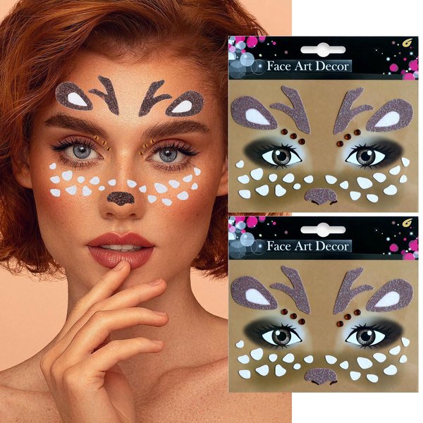 HIFANMM Christmas Fake Tattoos Glitter Xmas Reindeer Face Temporary Tattoos Cute Animal Deer Face Jewels Tattoo Stickers for Adults Kids Christmas New Year Eye Makeup Kit for Face Decor Supplies 2Pcs