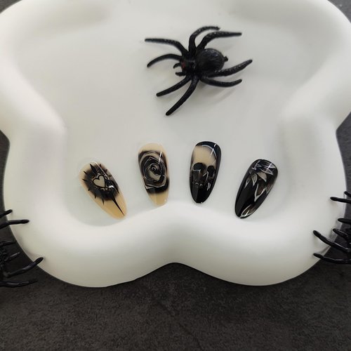Goth Press on Nails Halloween Almond Fake Nails Horror Skull Black Rose False Nails with Rhinestone Glossy Acrylic Nails Full Cover Stick on Nails Jelly Press on Nails for Women Cosplay Nails 24Pcs