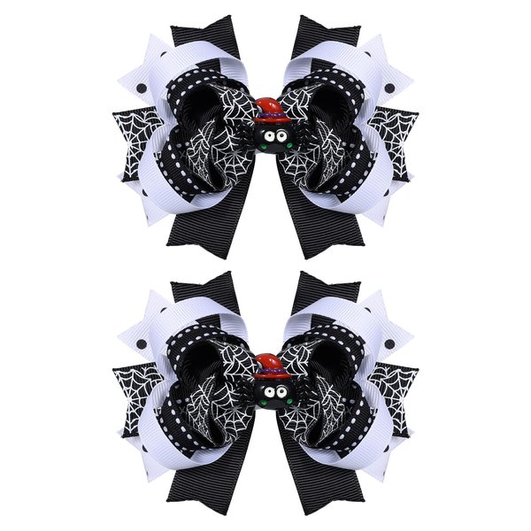 2pcs Halloween Hair Bow Clips for Girls Women 4.3in Halloween Spider Ribbon Hairbow Barrette Alligator Hairpins Teens Toddler Costume Outfit Dress up Party Decor Accessories