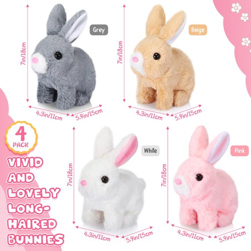 Halloscume 4 Pcs Christmas Interactive Electronic Plush Bunny Toy 7" Interactive Stuffed Animals Walking Barking and Wagging Tail Toys for Grandchildren Classroom Kid Birthday Gift(Long Hair Rabbit)