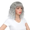 SWACC 12 Inch Short Curly Wavy Bob Wig with Bangs Synthetic Hair Wig for Women with Wig Cap (Grey Silver Ombre)