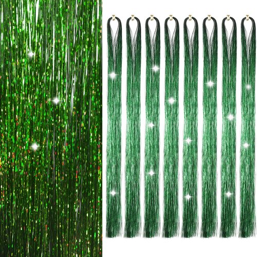 Hair Tinsel Grass Green 50inch 8packs 1600 Strands Glitter Tinsel Hair Extensions Heat Resistant Highlights Sparkling Fairy Hair for Kids Women Girls(50 Inch, Grass Green)