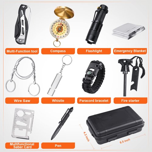 Alritz Emergency Survival Kit, 12 in-1 Outdoor Survival Gear Lifesaving Tools Contains Compass, Fire Starter, Flashlights for Camping Hiking Wilderness Adventures and Disaster Preparedness