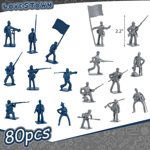 LovesTown 80PCS Army Men Toy Soldiers, Plastic Civil War Army Men Military Action Figures Plastic Toy Soldiers for Kids Blue Grey Army Toys for Kids Classroom Projects History Class Lessons