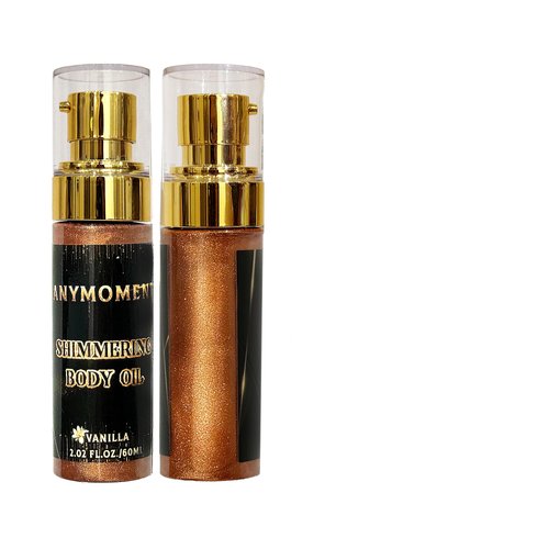 ANYMOMENT Illuminate Me Shimmering Body Oil provides 2.02 oz of moisturizing benefits, combining Apricot, Jojoba, and Avocado Oils with Vitamin E for quick absorption while nourishing all skin types