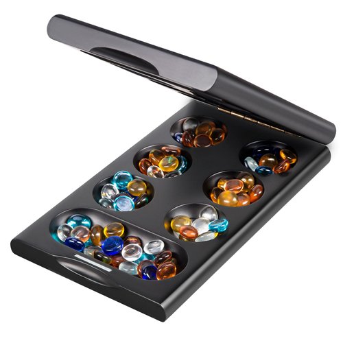 ELONGDI Wooden Mancala Board Game Set with 48 + 24 Multicolor Glass Stones Portable Folding Board for 2 Players Classic Travel Games for Adults and Kids（Unfolds Size：8.8 inches）