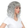 SWACC 12 Inch Short Curly Wavy Bob Wig with Bangs Synthetic Hair Wig for Women with Wig Cap (Grey Silver Ombre)