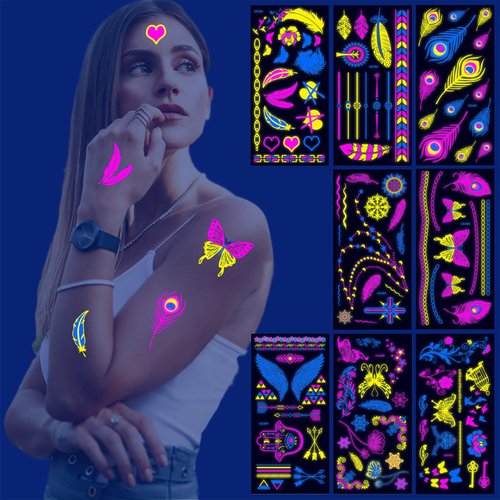 Fluorescence UV Neon Feather Luminous Temporary Tattoos,Bar Party Nightclub Music Rave Festival Accessory Party Waterproof Temporary Tattoo Stickers For Women Men Adults(Neon Feather)
