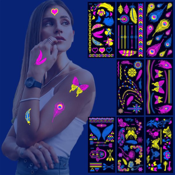 Fluorescence UV Neon Feather Luminous Temporary Tattoos,Bar Party Nightclub Music Rave Festival Accessory Party Waterproof Temporary Tattoo Stickers For Women Men Adults(Neon Feather)