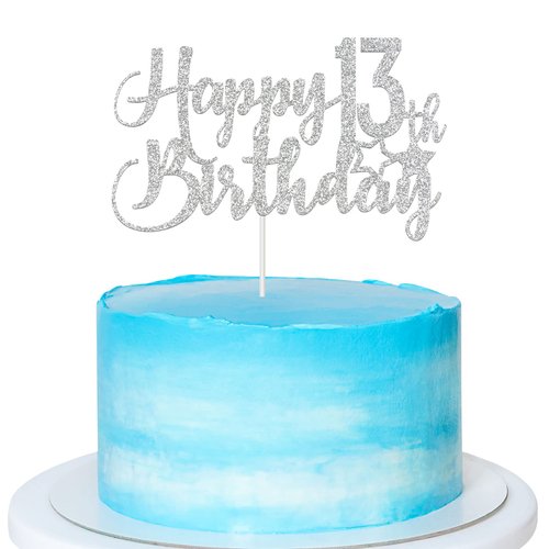 Silver Glitter Happy 13th Birthday Cake Topper - 13th Birthday Cake Topper, 13th Birthday Party Decoration