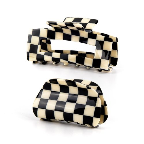 Framendino, 2 Pack Checkered Hair Clips Vintage Black-White Checkered Hair Claws French Barrettes Jaw Non Slip Checkerboard Clamps Hair Accessories for Women Girls Thick Thin Hair