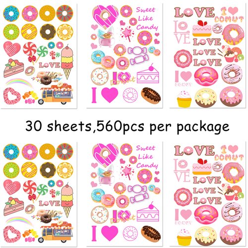 560PCS Donut Party Favors Temporary Tattoos - Sweet Candy Ice Cream Candyland Two Sweet Summer Baby Shower Birthday Party Supplies Decorations Goodie Bag Stuffers Favors Dessert Tattoo Stickers(30 Sheets)