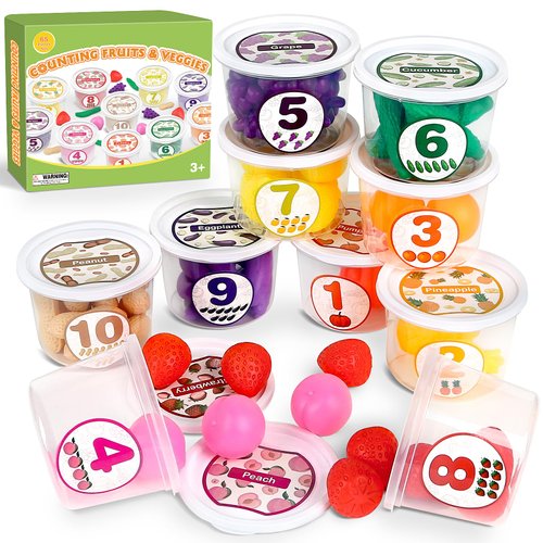 Montessori Farmers Market Color Sorting Set, One to Ten Counting Cans with 55 Pieces Pretend Food Toy Early Fruit & Vegetables Identification, Fun Education Classroom Supplies Learning Toys