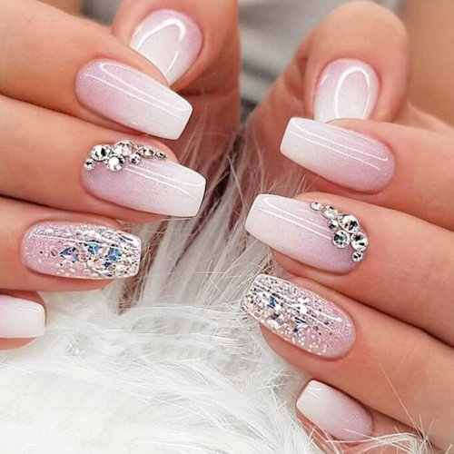 YOSOMK Short Coffin Press on Nails Ombre Pink Fake Nails with Bling Sequins Designs Glossy Stick on Nails Full Cover Glitter Rhinestone Acrylic Nails for Women