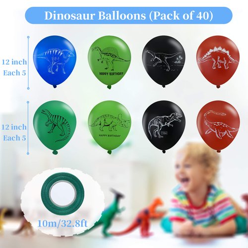 40 Pieces Dinosaur Latex Balloons dinosaur Balloons for Birthday Party Supplies for Kids Dinosaur Style Balloon with 10m Green Ribbon Dinosaur Decoration Supplies Baby Shower