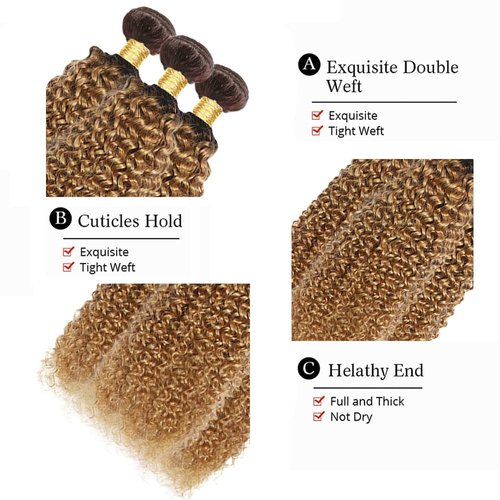 Ombre Honey Blonde Human Hair Bundles T4/27 Kinky Curly Bundles Mixed Length 3 Bundles 26 28 30 Inch 2 Tone Brown and Honey Blonde Bundles Brazilian Unprocessed Virgin Human Hair Extensions