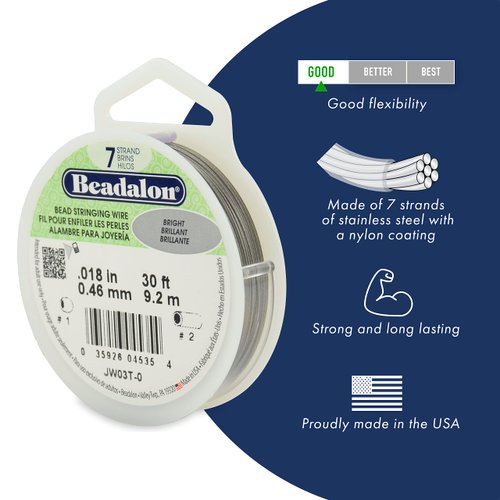 Beadalon 7 Strand Stainless Steel Bead Stringing Wire, 0.024 in / 0.61 mm, Bright, 1000 ft / 305 m