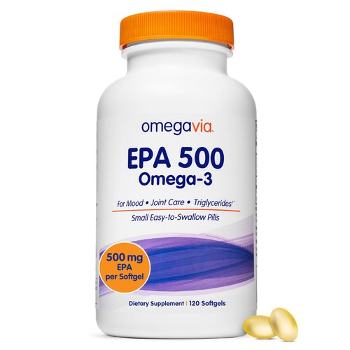 OmegaVia EPA 500, Purified Omega 3 Fish Oil Burpless Softgels, 500 mg EPA in Triglyceride Form, Unflavored Wild Fish Oil Supplements, No Fishy Burps, Non GMO and Gluten Free, IFOS 5-Star, 120 ct