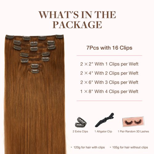GOO GOO Clip in Hair Extensions Real Human Hair, 16inch 120g 7Pcs, 350 Copper, Remy Human Hair Extensions Clip ins for Women, Natural Human Hair