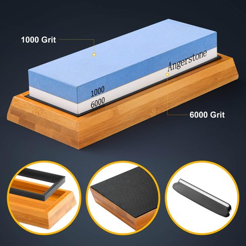 Angerstone Premium Knife Sharpening Stone–1000/6000 Grit Whetstone, Professional whetstone Sharpener stone with Slip-Resistant Silicone Base|Best wet stone|Nonslip Bamboo Base & Angle Guide