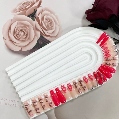 Valentine's Day Press on Nails Long Coffin Fake Nails with Rhinestones Red Heart English Design False Nails Square Acrylic Nails Decorations Full Cover Glue on Nails Stick on Nails for Women Girls