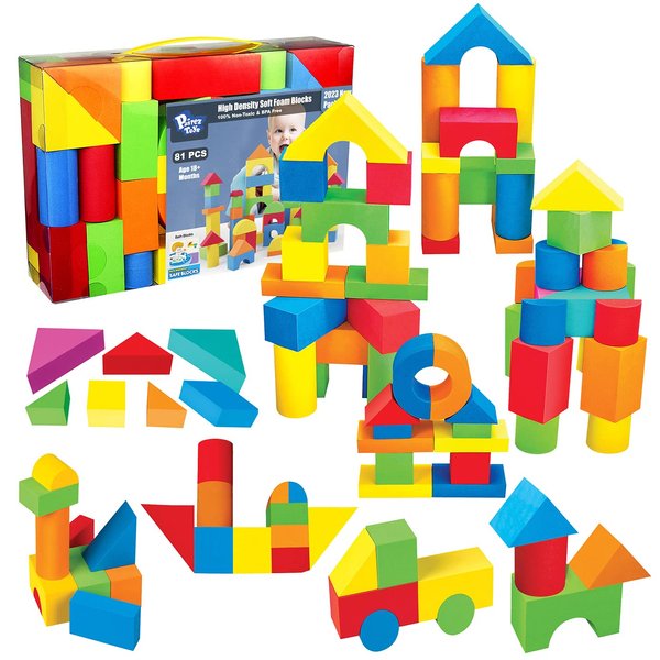 Pairez Toys Foam Building Blocks for Toddlers 1-3, 81 Pieces Soft Stacking Blocks Toy Set, Baby Bath Foam Toys, Sensory and Montosorri Toys for Boys & Girls 18+ Months