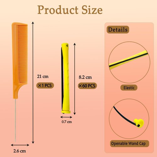 60 Pieces Hair Perm Pods Plastic Perming Rods Cold Wave Rods Curlers Hair Rollers with 1 Pieces Steel Pintail for Hairdressing Styling(Yellow, 0.7 cm/0.28 Inch)
