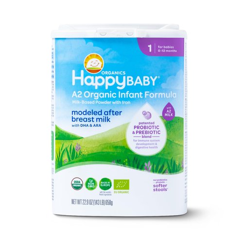 Happy Baby Organics Stage 1 A2 Infant Formula, 0-12 Months, Milk Based Organic Baby Formula Powder with A2 Milk, Probiotics & Prebiotics for Immune & Digestive Support, 22.9 Ounce (Pack of 1)