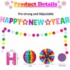New Years Decorations 2025, Rainbow Glitter Happy New Year Banner Backdrop New Years Eve Party Supplies 2025 with Honeycomb Balls Paper Fans Paper Happy New Year Sign New Years Party Supplies Favors