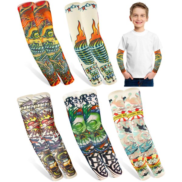 iToolai 5 Pairs Fake Tattoo Arm Sleeves for Kids Boys Girls Temporary UV Protection Tattoo Arts Sleeve Sets(Patterns 3)