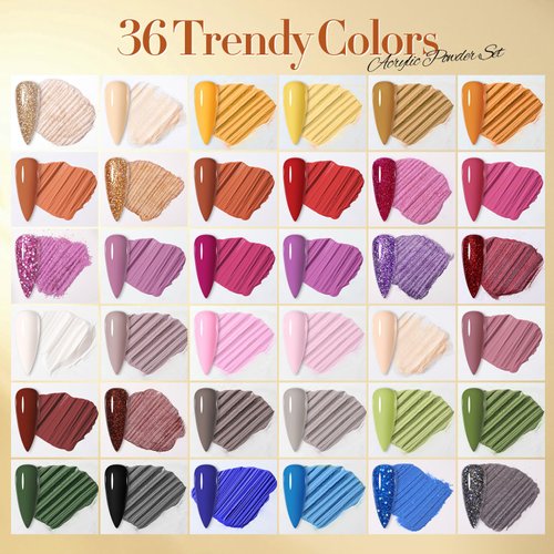 BORN PRETTY Acrylic Powder Set 36 Colors Spring Summer Acrylic Nail Powder Red Purple Green Blue Professional Polymer 3D Acrylic Nail Art Kit for French Nails Extension Nail Carving Gift Set