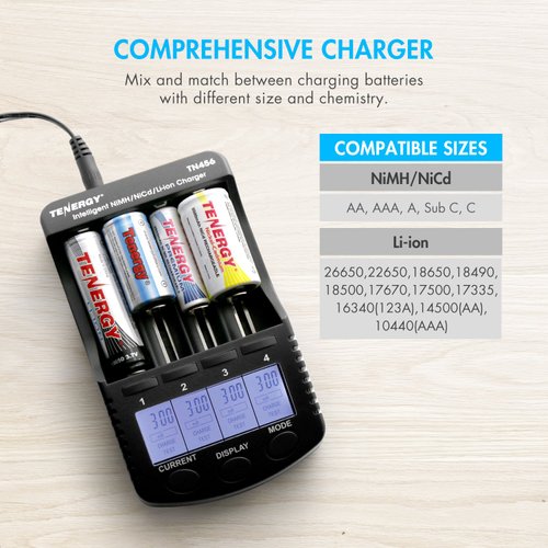 Tenergy TN456 Intelligent Universal Battery Charger with 4 Slots, LCD Display, USB Output, Power Adapter, Rechargeable Battery Charger for Li-ion/NiMH/NiCD Rechargeable Batteries