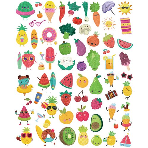 Onogola Glitter Summer Temporary Tattoos for Kids, 10 Sheets Fruit Vegetable Hawaiian Party Fake Tattoo Sticker, Waterproof Beach Party Decoration Supplies Favors for Boys Girls