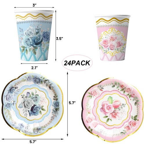 WorldBazaar Tea Party Cups and Saucers 24 Sets Floral Paper Cups with Handles 9oz Tea Party Decorations Flower Birthday Party Supplies Garden Baby Shower bulk