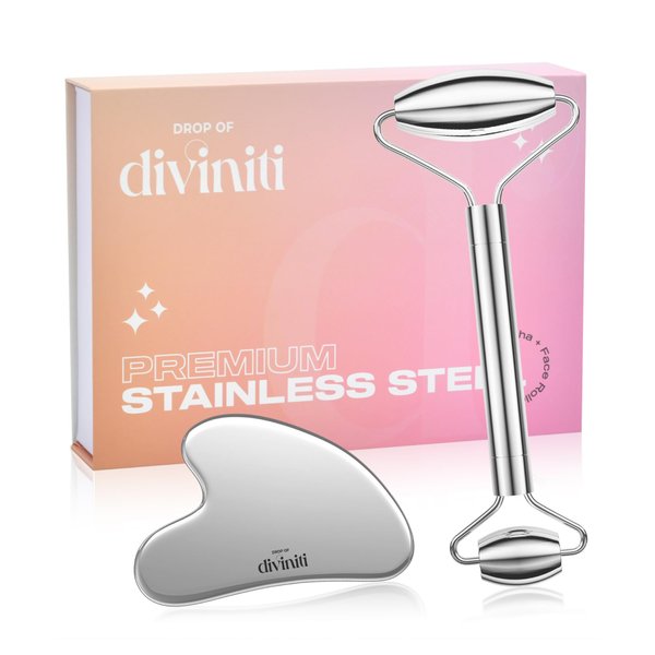 Stainless Steel Face Roller - Premium Gua Sha Facial Tools Stainless Steel GuaSha Tool and Face Roller Set - Gua Sha Stainless Steel Gua Sha Tool - Metal Face Roller and Gua Shua Set - Spa Gifts