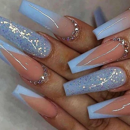 Hkanlre Long Press on Nails Blue Tips Fake Nude Nails Ballerina Tips Full Cover False Sequins Nails for Women and Girls 24PCS