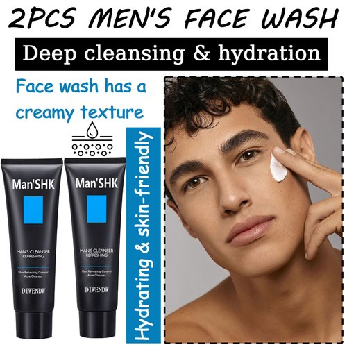 2PCS Men's Face Wash,Gentle Hydrating Daily Facial Cleanser Wash for Men,Deep Cleansing Long Lasting Moisturizing Face Wash Men's Skincare,Skin-Friendly Travel Size Mens Face Wash for All Skin Type